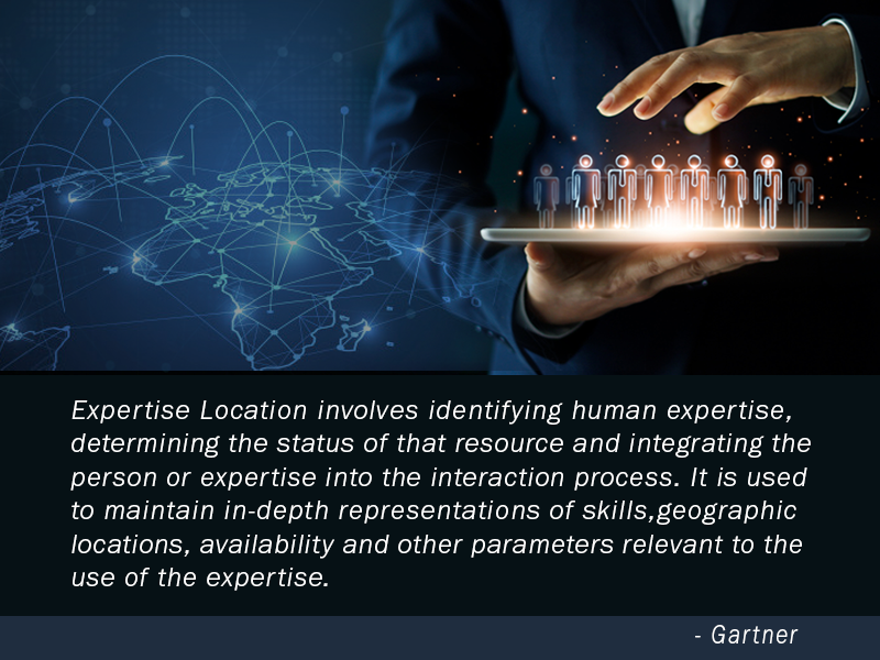 Expertise Location involves identifying human expertise, determining the status of that resource and integrating the person or expertise into the interaction process. It is used to maintain in-depth representations of skills, geographic locations, availability and other parameters relevant to the use of the expertise.