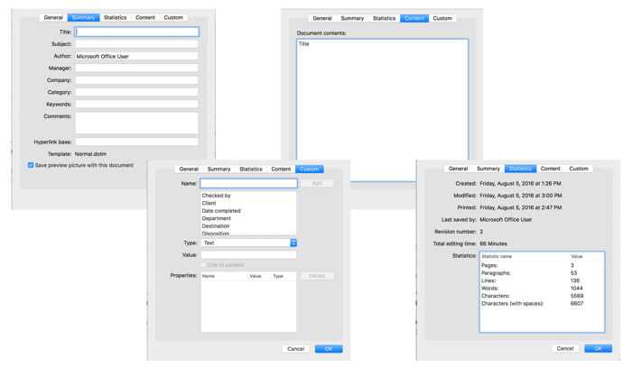 document properties and metadata and revision history